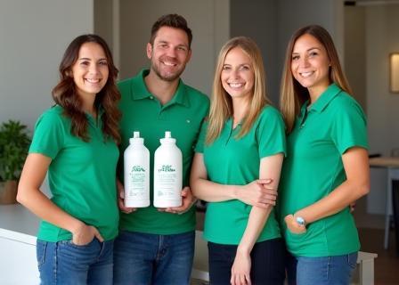 Friendly Sterling Clean Solutions team standing with eco-cleaning products