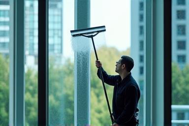 Window technician cleaning large office pane